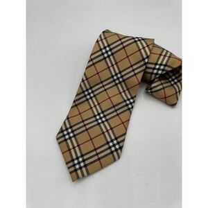Burberry London Silk Tie Check Pattern Tartan Classic Tan Camel Italy 59x3.88